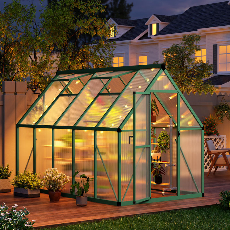 6x9 FT Walk-In Polycarbonate Greenhouse, Heavy Duty Aluminum Frame with Lockable Push Door & Roof Vent, Includes Ground Nails for Garden Planting - Green