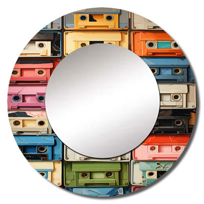 Popart Cassette Tapes X - Cassette Tapes Decorative Mirror, Modern Round Wall Mirror, Printed Metal Art