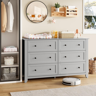 Commode 6 tiroirs Modern - Armoire de rangement en bois de 54 po de largeur - Tiroirs de rangement profonds avec boutons en métal - Organisateur pour chambre à coucher, placard, chambre de bébé, salon, entrée, couloir - gris