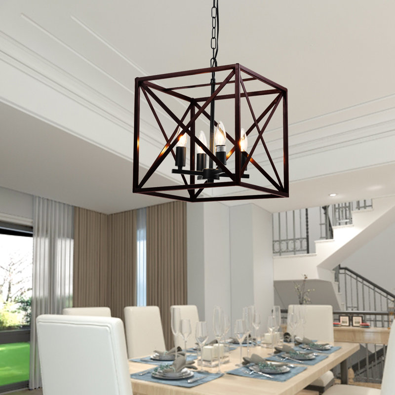 Lustre carré de style lanterne à 4 lumières, Bois foncé / noir