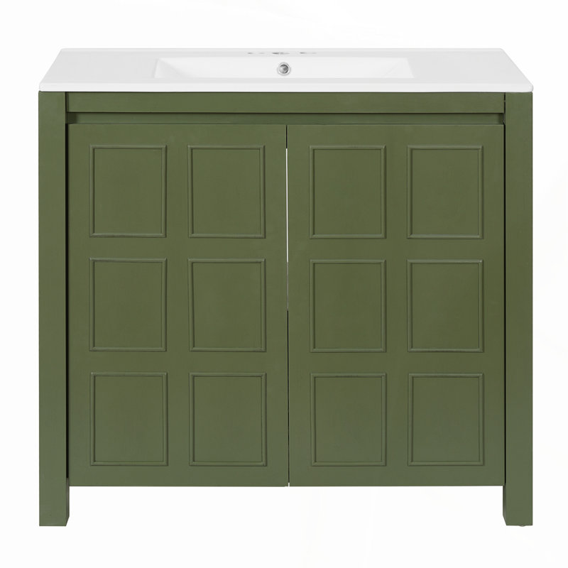 Meuble-lavabo vert olive de 36 pouces avec lavabo en céramique, rangement spacieux et portes à fermeture en douceur pour une organisation élégante