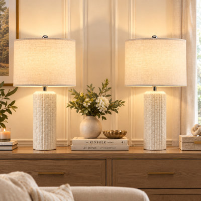 21" Ceramic Table Lamp Set of 2, Cylinder Base with Linen Drum Shade, Modern Farmhouse Lamps for Nightstand, Living Room, Office