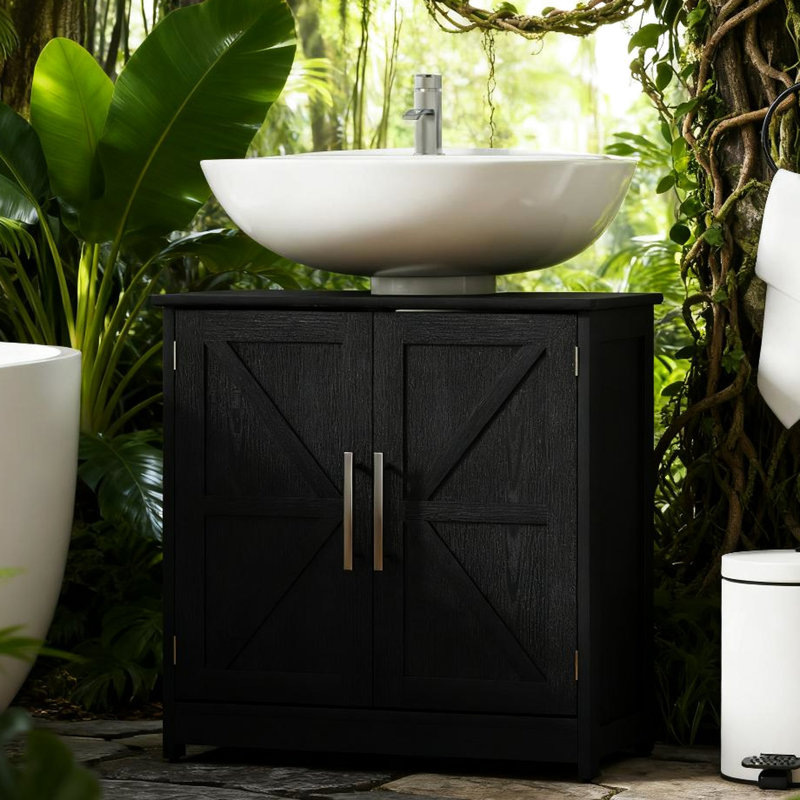 Rangement pour lavabo de salle de bain pour lavabos sur piédestal, 2 portes de grange, solution de rayonnage réglable, fente en U de 7,9 po, mécanisme de basculement, base antidérapante, taille de 23,6 po, armoire à finition noire patinée, tablette
