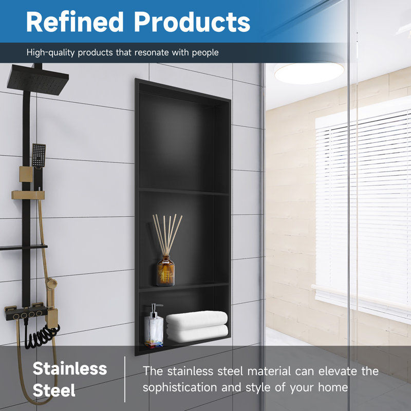 13 In. W X 31 In. H X 4 In. D Bathroom Shower Niche Double Shelf Niche Over Mount Installation, Matte Black