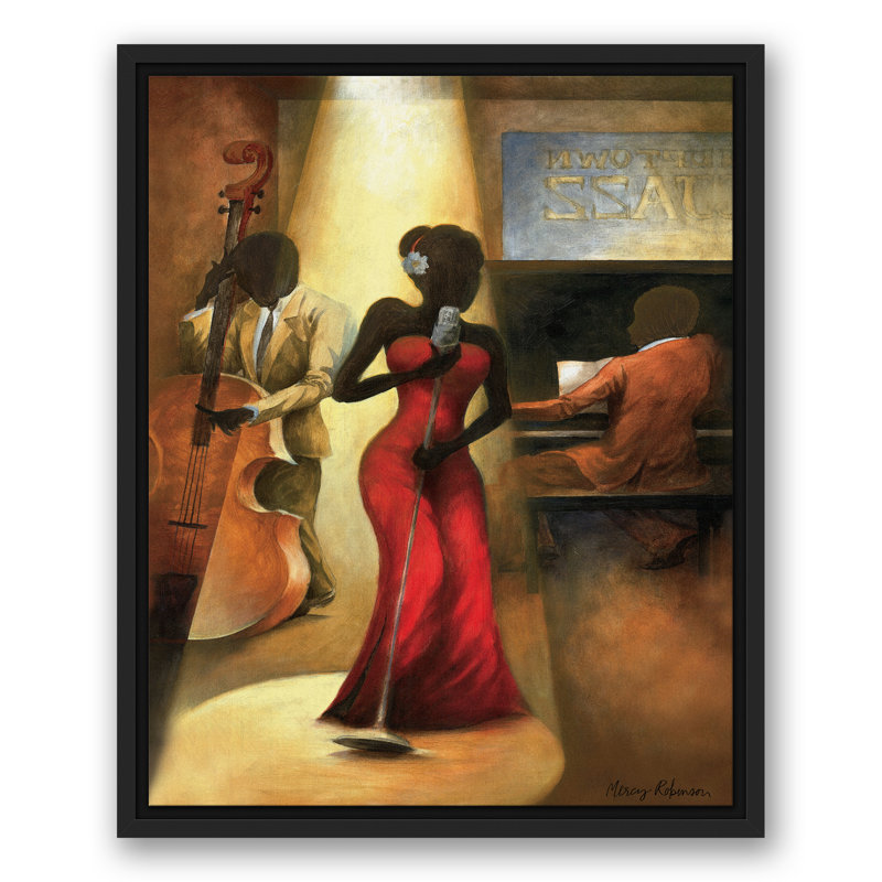 Chanteuse de jazz en rouge sur toile, H 21,75 po x l 17,75 po x P 1,75 po, Cadre flottant noir