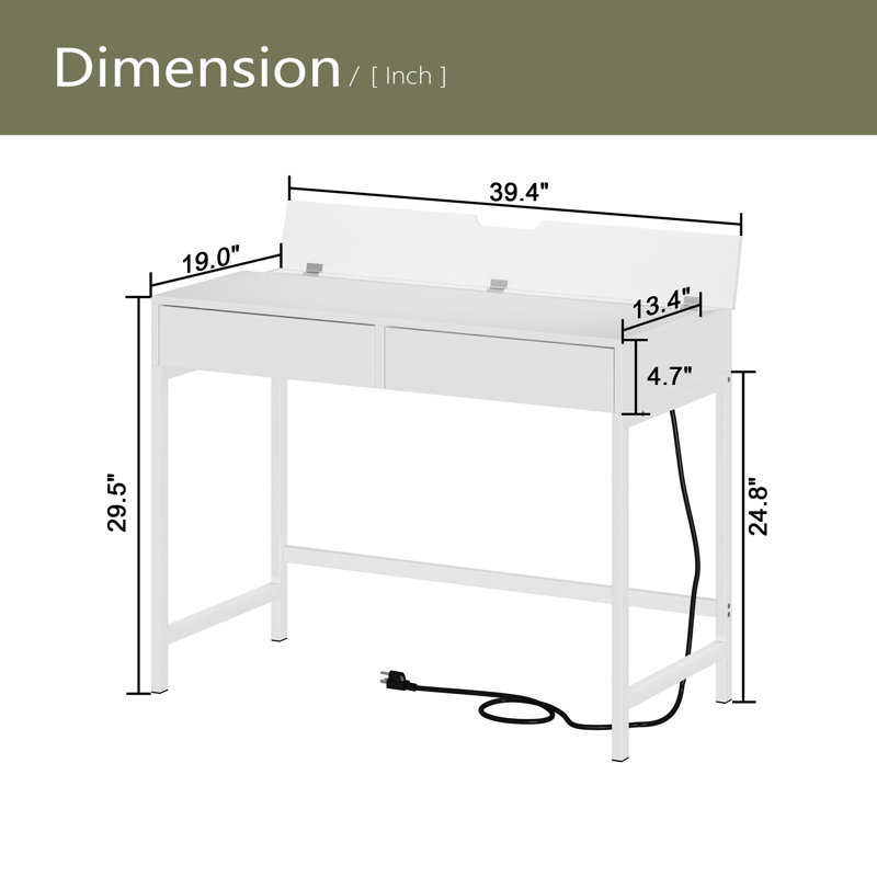 Bureau de charge 40 po avec 2 prises et 2 ports USB - Bureau d'ordinateur / coiffeuse à 2 tiroirs, Blanc
