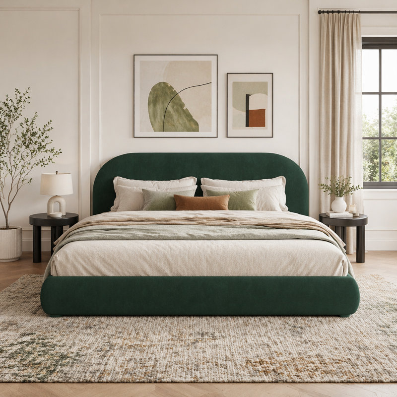 Lit tapissier simple avec lit double moderne, Très grand lit, Vert