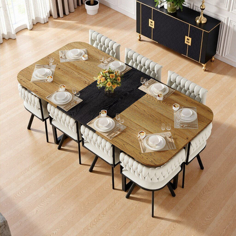 Ensemble de table de salle à manger 9 pièces avec chaises en velours, plateau en triamine durable et structure en métal noir pour 8 personnes