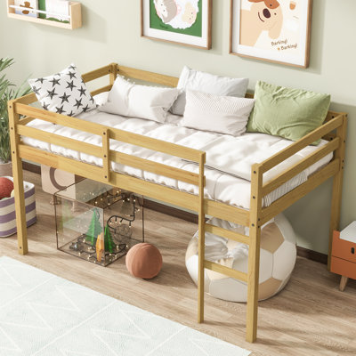 Low Loft Bed Twin Size With Ladder, Wooden Loft Bed For Kids, Junior, Young Teens, Pine Wood Twin Bed Frame, Space-Saving Design, No Box Spring Needed, Easy Assembly, Natural