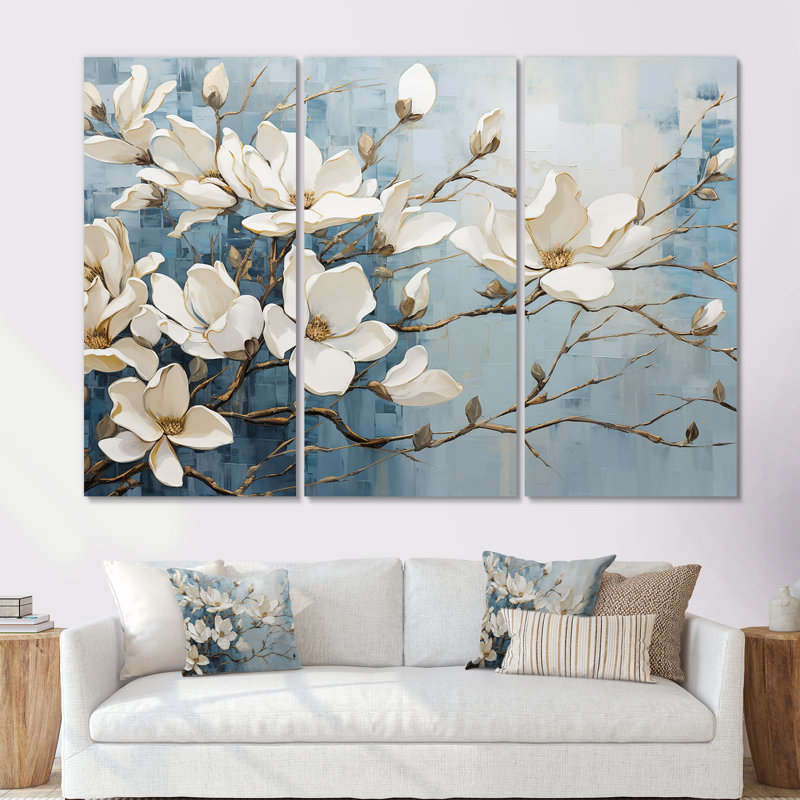 Ensemble de décorations murales bleues et dorées Magnolias VI - Magnolias, H 28 po x l 36 po x P 1 po, Toile tendue