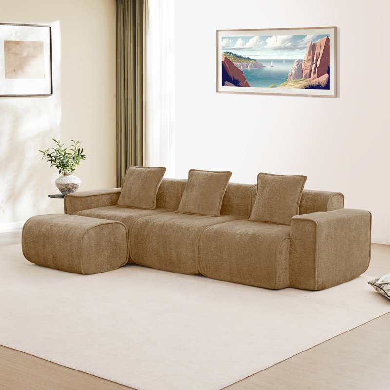 Modular 3 Seat L Shape Sectional Boneless Sofa Streamlined Design  With French Edge Piping, No Assembly Required, 3-Seat Sofa Couch With Throw Pillows And 1 Movable Ottoman, Velvet Fabric