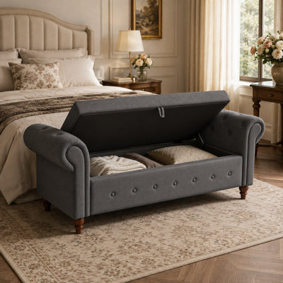 Velnora 63" Upholstered Storage Bench with Rolled Arms, Tufted End-of-Bed Ottoman Bench with Large Storage Compartment, Solid Wood Legs, Bedroom Bench for Living Room, Entryway, Hallway