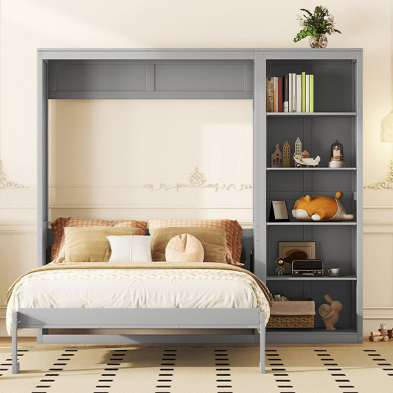Grand lit escamotable mural avec tablettes (lit), Gris
