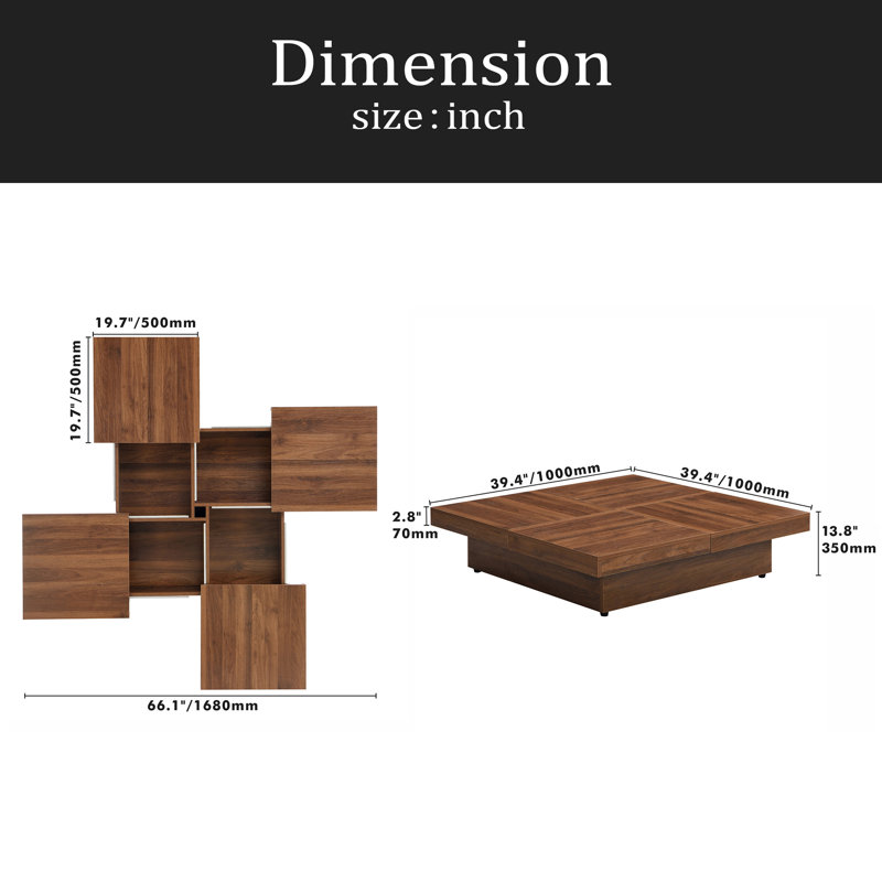Table basse carrée en placage avec plateau coulissant et rangement de 39,4 po, Noyer