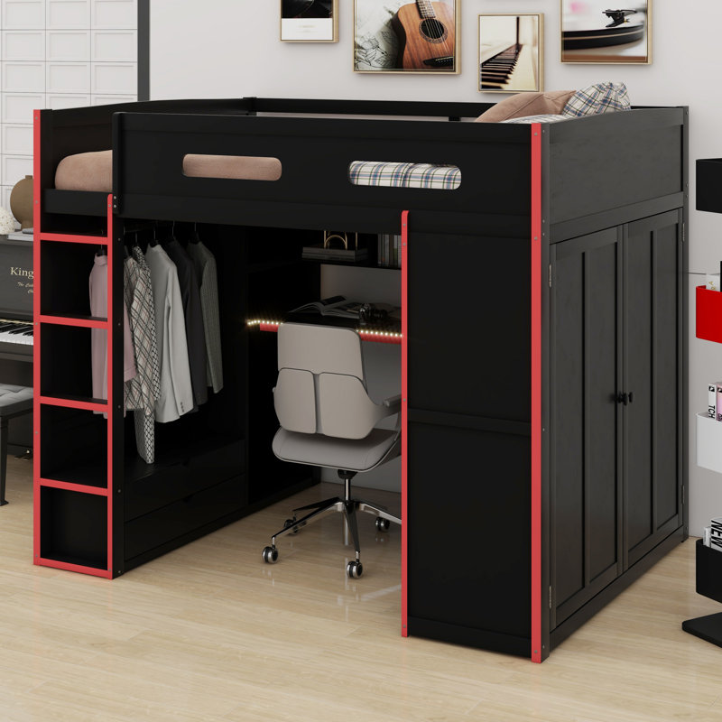 Lit mezzanine en bois avec bureau, garde-robe, grand espace de rangement et lumière DEL RVB, Rouge / Noir