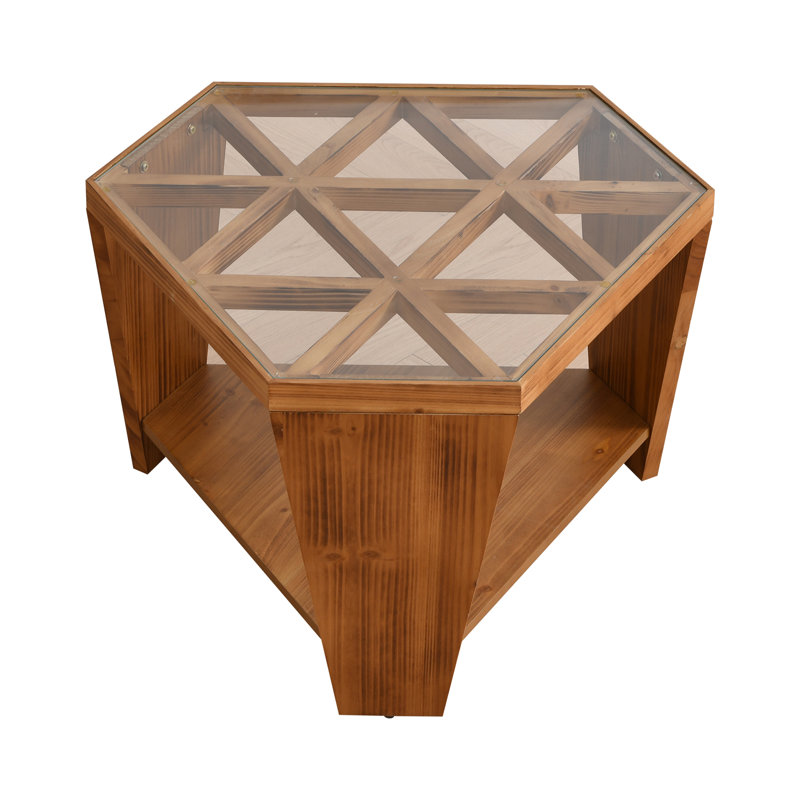 Hexagon Solid Wood Tempered Glass Coffee Table with Storage Shelf, Warm Natural