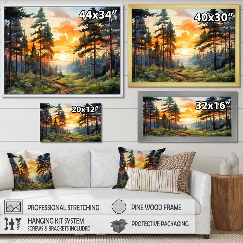 «Pine Tree Sunset Glow I», art encadré pin, H 34 po x l 44 po x P 1,5 po, Cadre simple noir