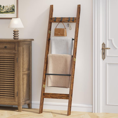Blanket Ladder Decorative Quilt Rack with 4 Removable Hooks | 5-Tier Farmhouse Ladder Holder Shelf Organizer for Living Room Bedroom, Rustic Brown