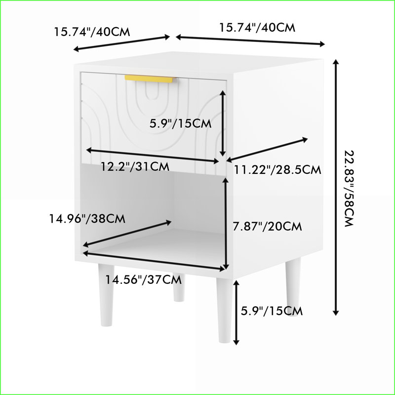 Table de chevet blanche moderne avec 1 tiroir, tablette ouverte et poignée dorée