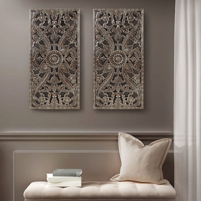 2 décorations murales murales - Fleur de lotus en bois vieilli couleur bronze d'intérieur l 15,75 "x H 31,5" P 0,59 "