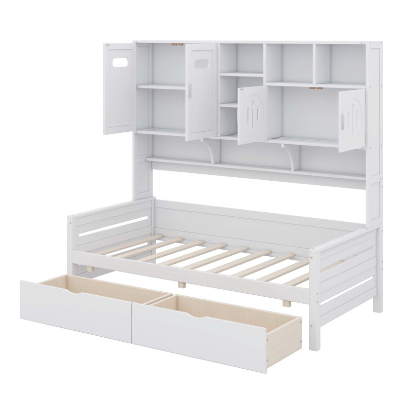Lit de jour en bois avec tiroirs doubles et étagère, Lit simple, Blanc