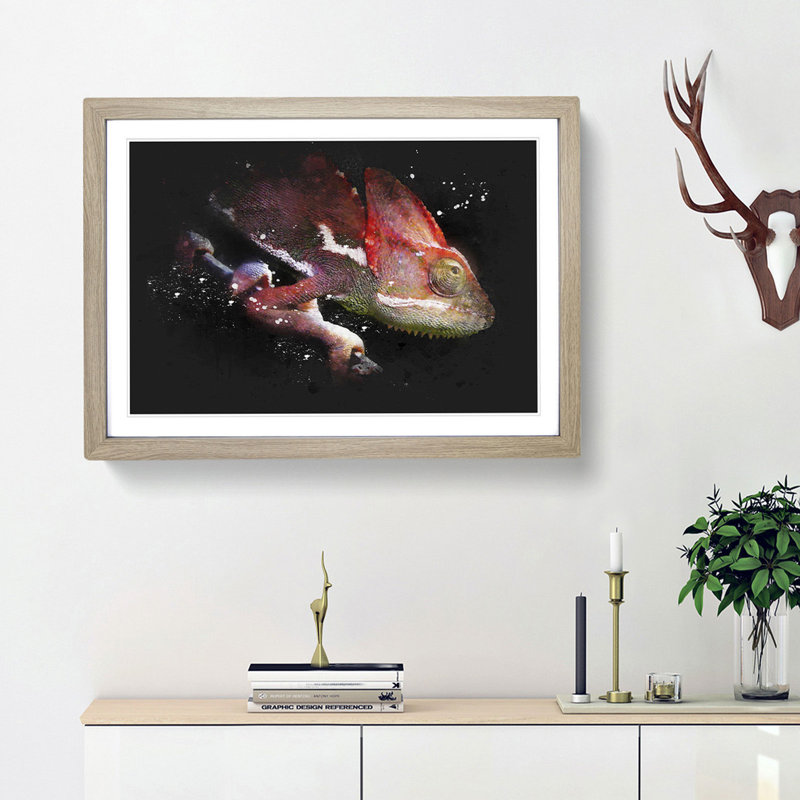Red Chameleon Lizard - Picture Frame Graphic Art, Oak Framed, 45cm H x 63cm W x 2cm D