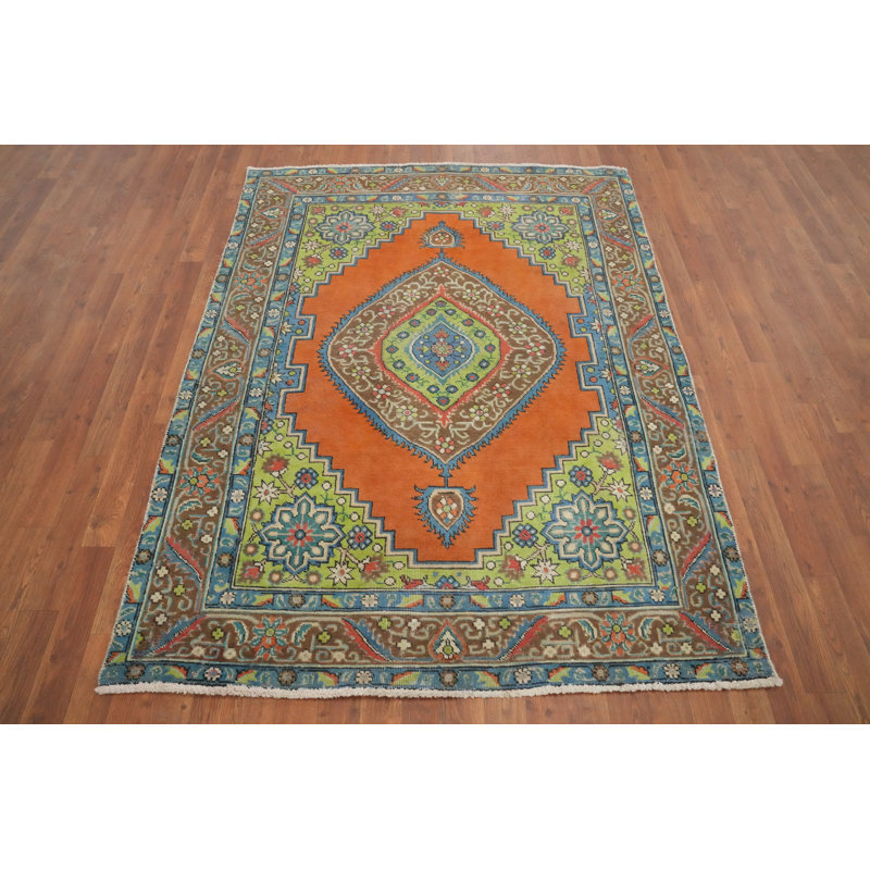 Tapis traditionnel orange en laine à motif géométrique 5 x 6
