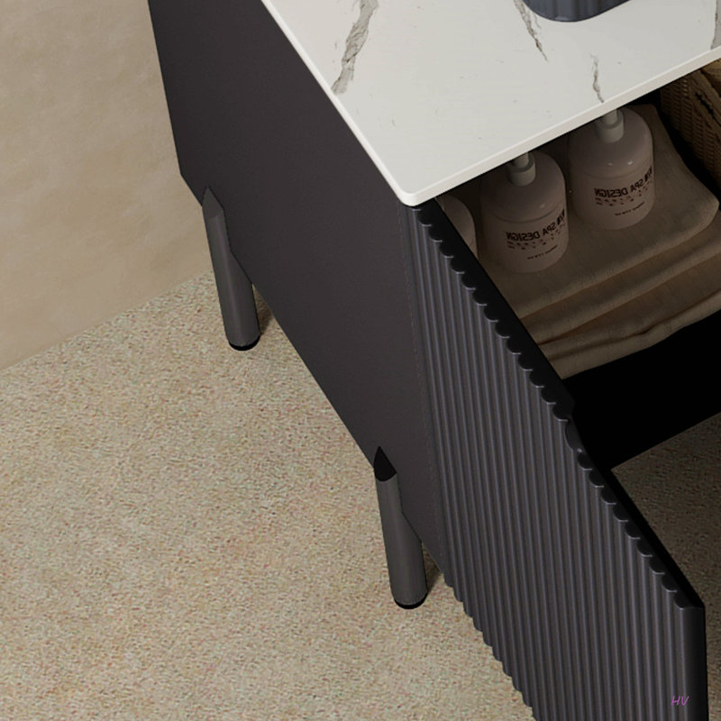 Meuble-lavabo de salle de bain 30 po avec lavabo, meuble de rangement autoportant avec 2 portes, lavabo rond en céramique avec motif en pierre et comptoir de Carrare, sans robinet