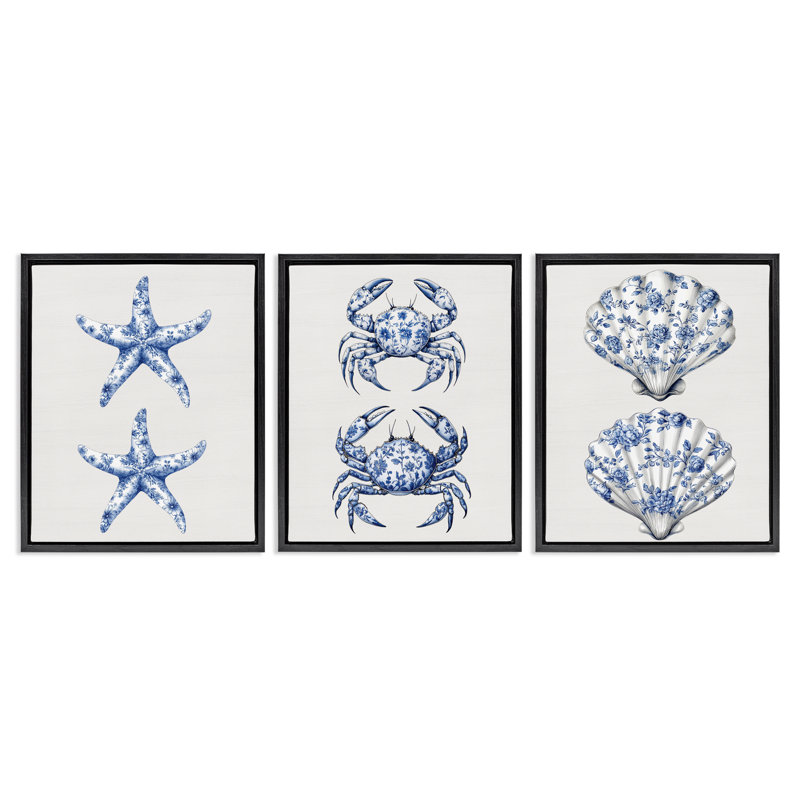 Ensemble de cadre flottant 3 pièces Vintage Toile Starfish & Crabs, H 21 po x l 17 po, Cadre flottant noir de jais