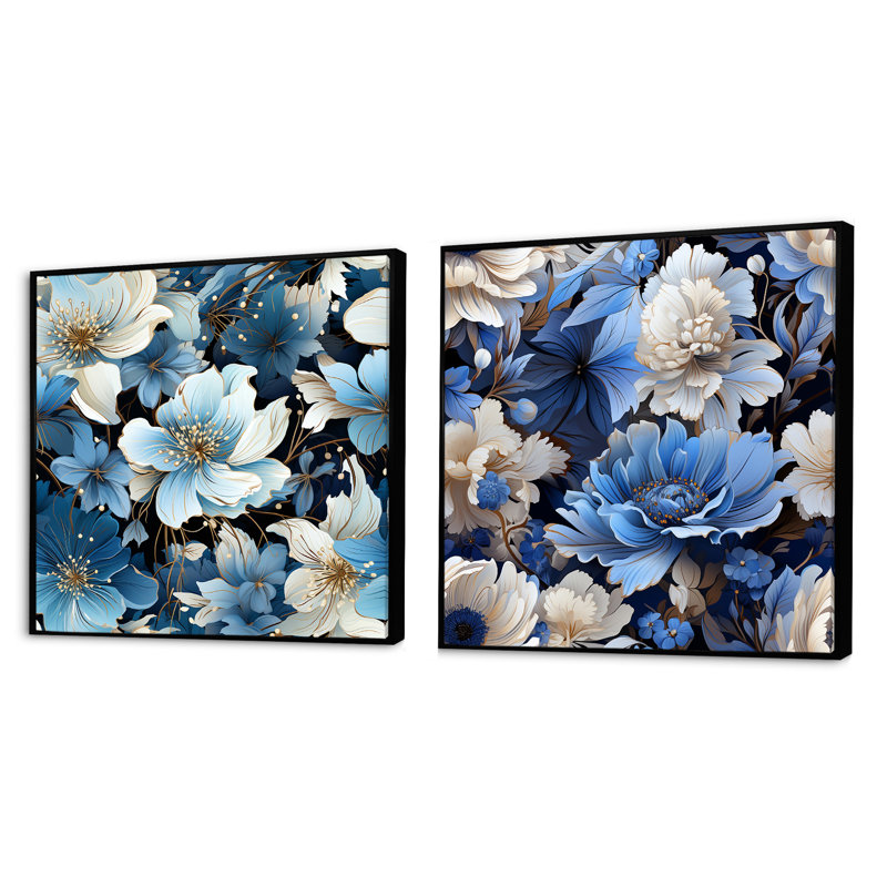 Gallucci - Ensemble de 2 collages carrés floraux, Cadre flottant noir, H 16 po x l 33 po