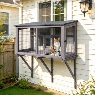 Enceinte d'extérieur pour chat Catio, boîte de fenêtre pour chat pour 1-2 chats avec toit en asphalte résistant aux intempéries et porte verrouillable, abri de fenêtre sécuritaire pour les grands chats d'extérieur