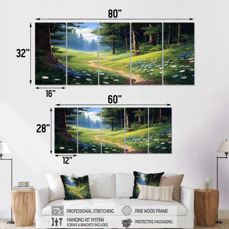 «Green Forest Path», ensemble d'art mural blanc 5 pièces, H 28 po x l 60 po