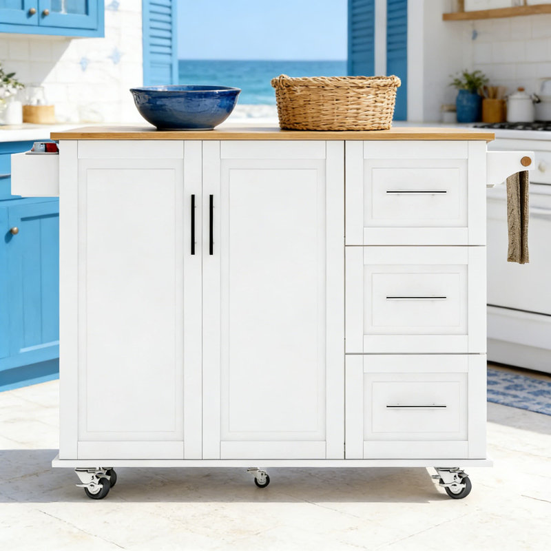 Chariot mobile pour îlot de cuisine avec abattant, 3 tiroirs et armoire de rangement sur roulettes, tablettes réglables et comptoir spacieux pour l'organisation de la cuisine