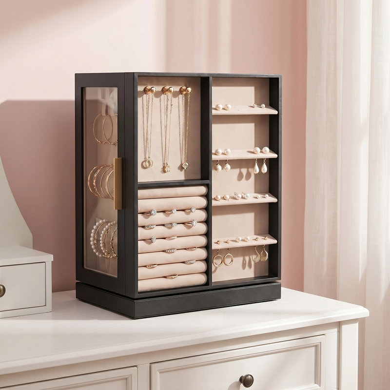Boîte à bijoux rotative à 360 ° - Boîte de rangement de bijoux verticale avec 5 tiroirs, organisateur de fenêtre en verre avec design ouvert, rangement pour bijoux spacieux, grand cadeau, noir graphite