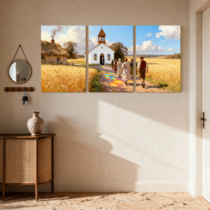 «Scenic & Cityscapes Church Path Golden Fields People Walking», ensemble de 3 impressions sur toile, H 30 po x l 60 po
