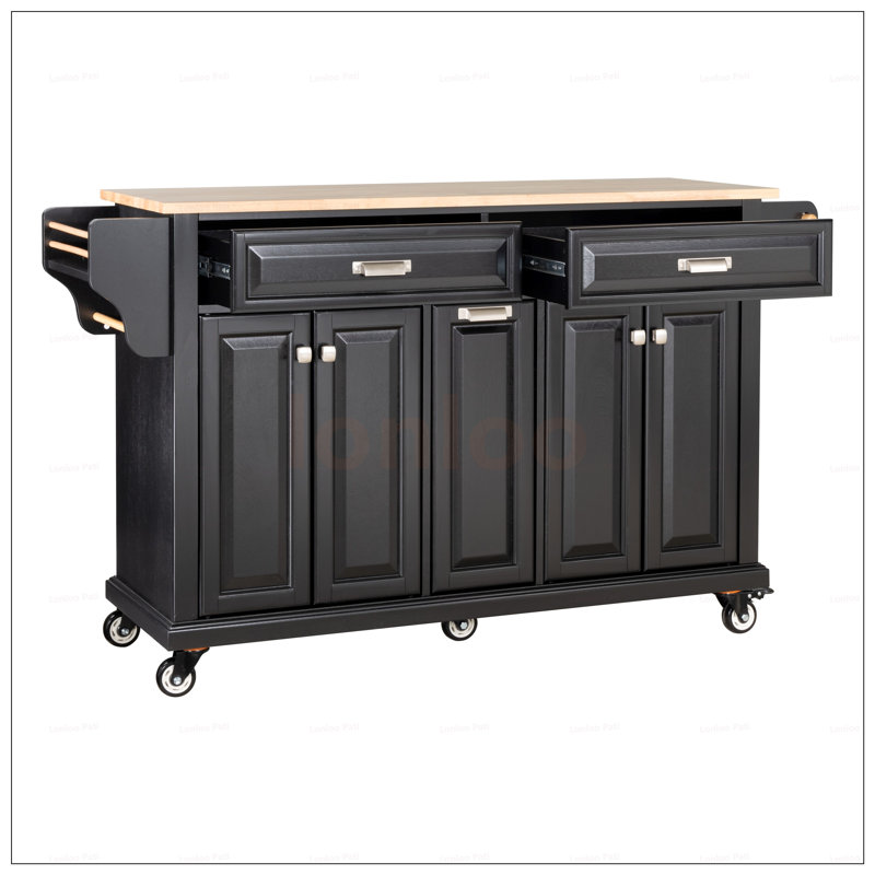 Durable Kitchen Island With Rubber Wood Countertop, Spacious Storage, And 5-Wheel Mobility For Enhanced Cooking Convenience.