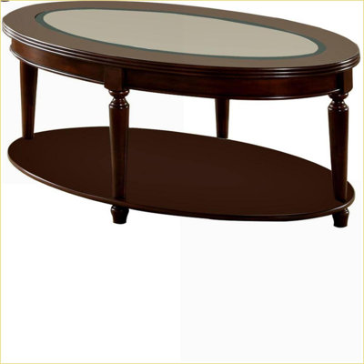 Table basse transitionnelle cerise foncée pour salon, plateau en verre biseauté avec tablette de rangement ouverte