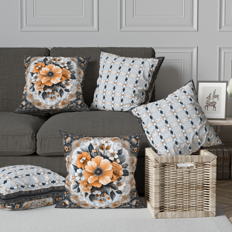 Cachemire Crépuscule Intérieur/Extérieur 26x26, Carré 26 po, Gris / pêche