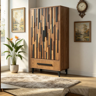 60" Tall Storage Cabinet, Mosaic Wood‑Slat Double Door Accent Cabinet with Drawer & Adjustable Shelves