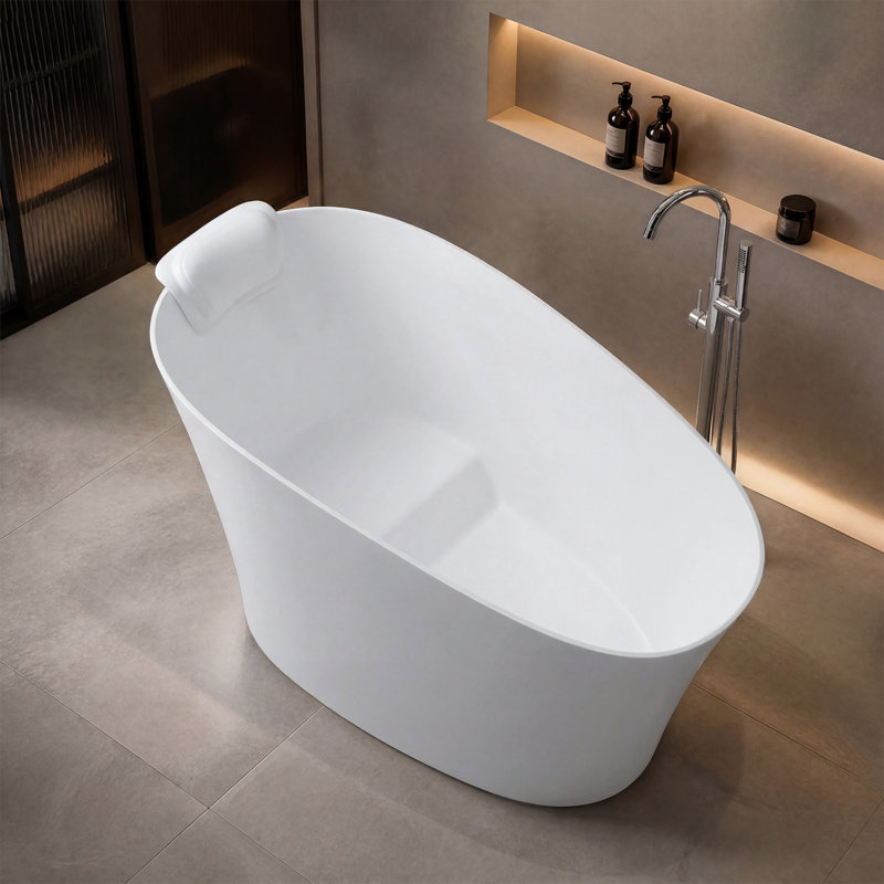 51" Oval Freestanding Solid Surface Bathtub With Integral Seat, Headrest, Overflow & Drain, White
