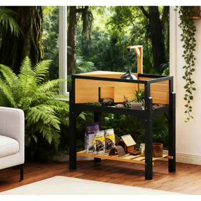 Pavillon de tortue en bois jaune avec tablette de rangement, grandes fenêtres transparentes à l'avant pour une meilleure visibilité, plateau ouvert et porte-lampe - rangement facile, bon abri confortable