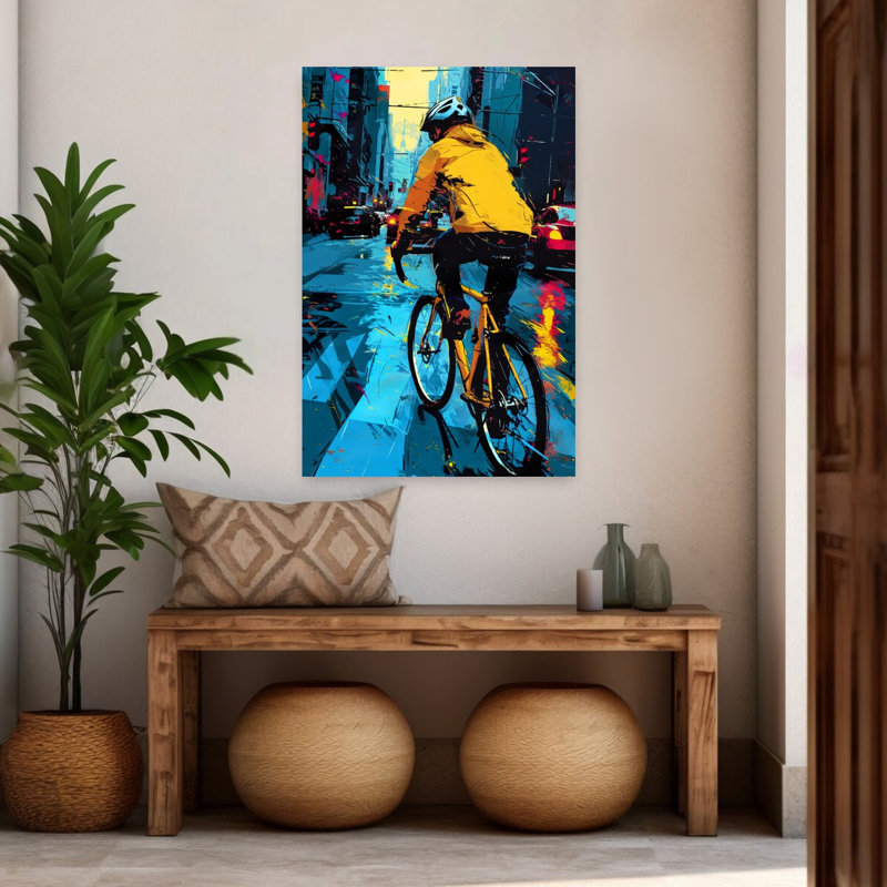 «Rainy City Cyclist Abstract Contemporary City», reproduction d'art mural, H 48 po x l 32 po