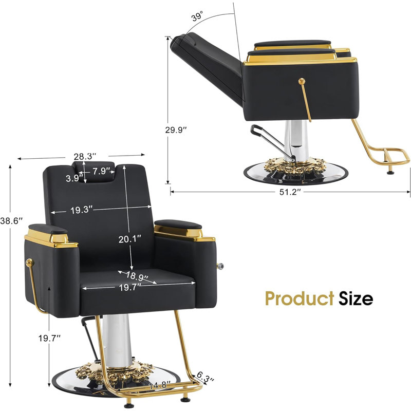 Inbox Zero Luxurious Barber Chair with Hydraulic Pump, Adjustable Reclining Salon Chair, Black Sponge