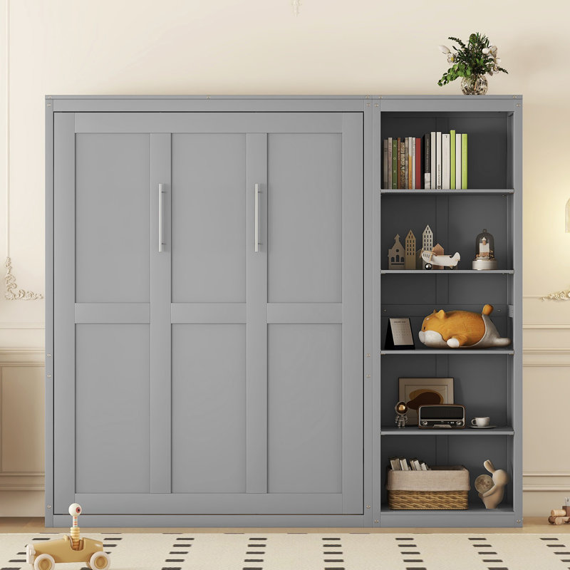 Lit escamotable mural avec tablettes Murphy, Gris, Grand lit