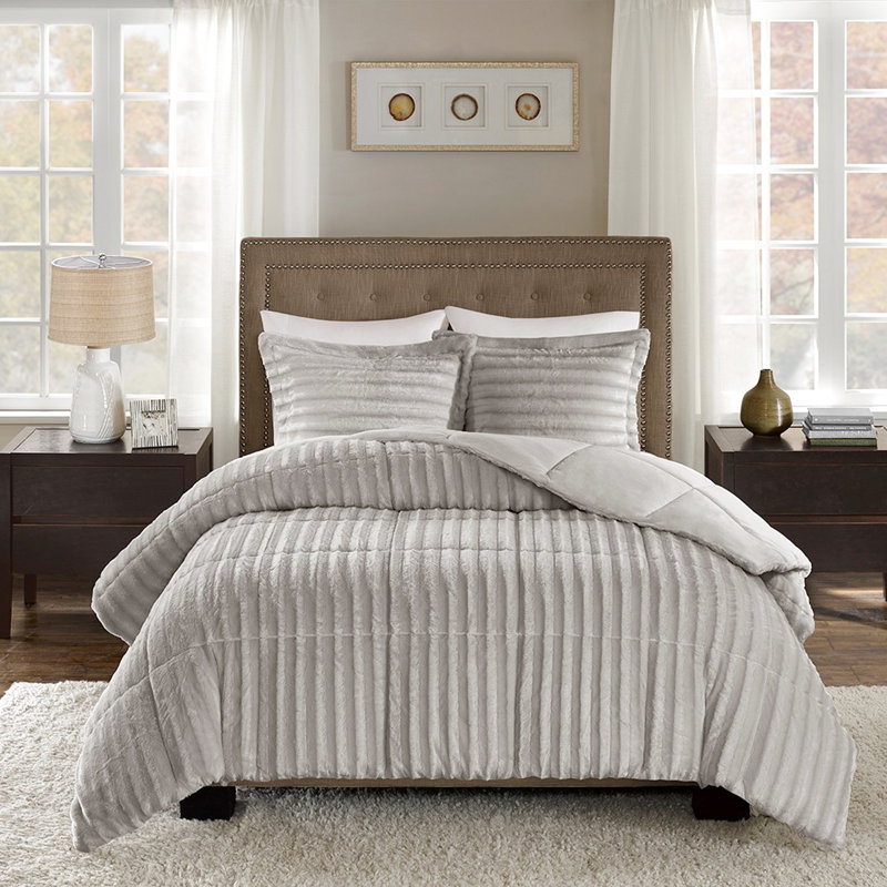 Édredon double / grand en fausse fourrure - gris, sommeil énergisant avec taies décoratives mini, gris assorti, Gris
