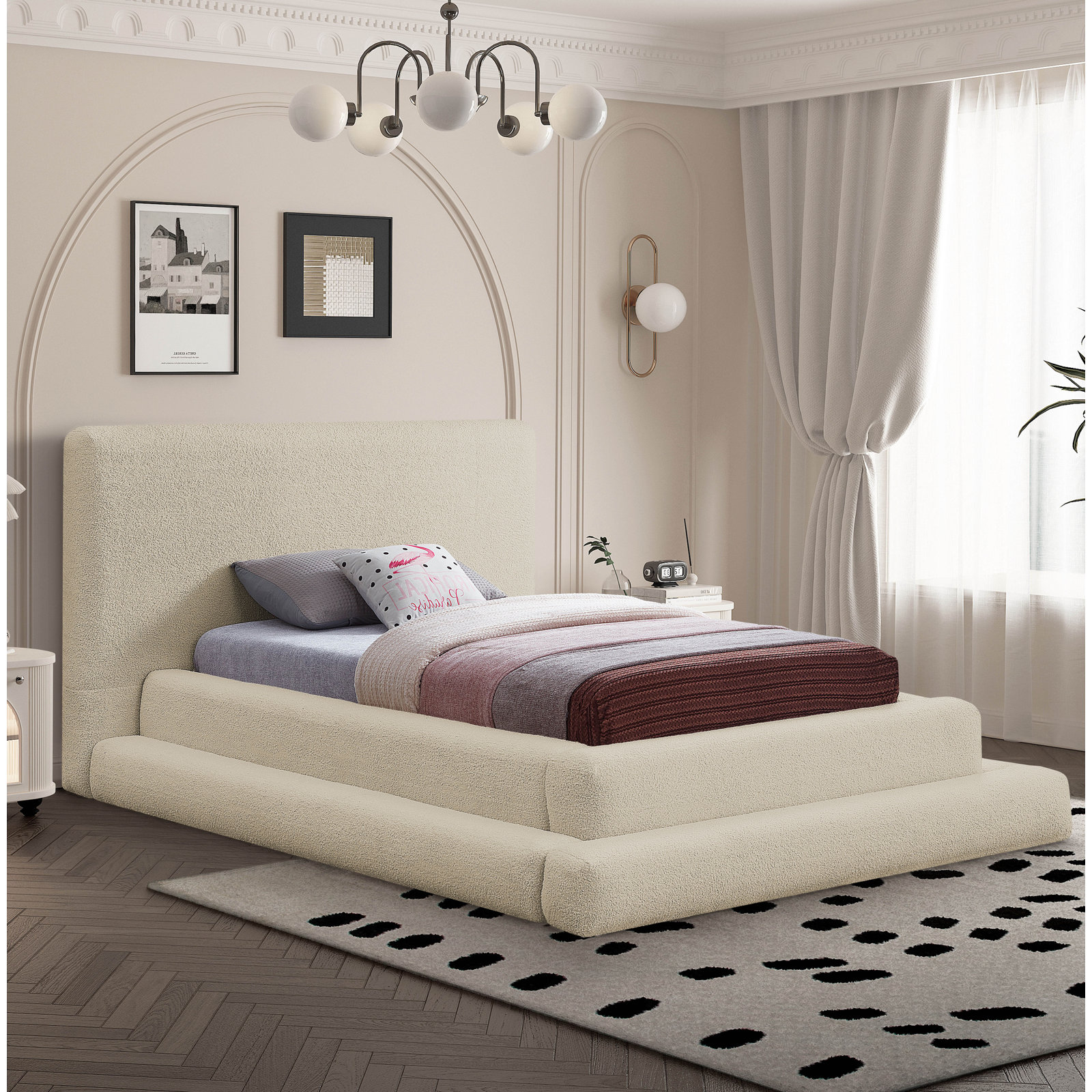 Hoffarth Upholstered Bed, Beige Faux Shearling Teddy Fabric, Twin