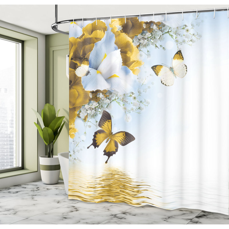 Ensemble de rideau de douche floral et crochets, Jaune terre, H 70 po x l 69 po