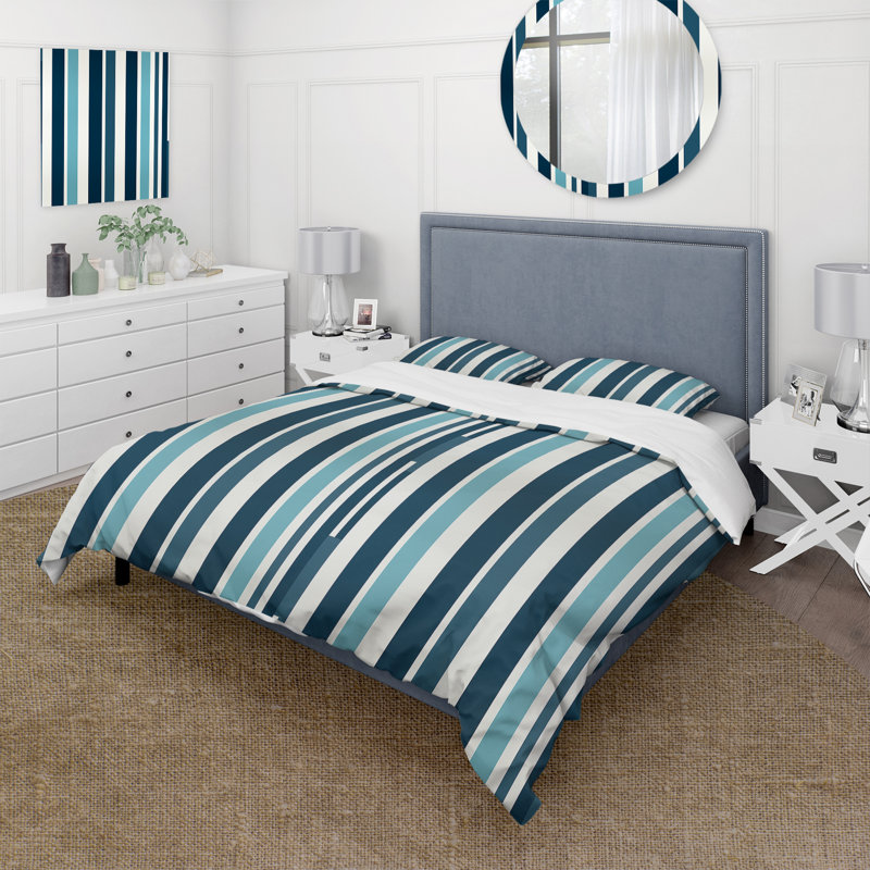 Literie de style nautique à rayures bleues, Housse de couette simple + 1 taie décorative stan