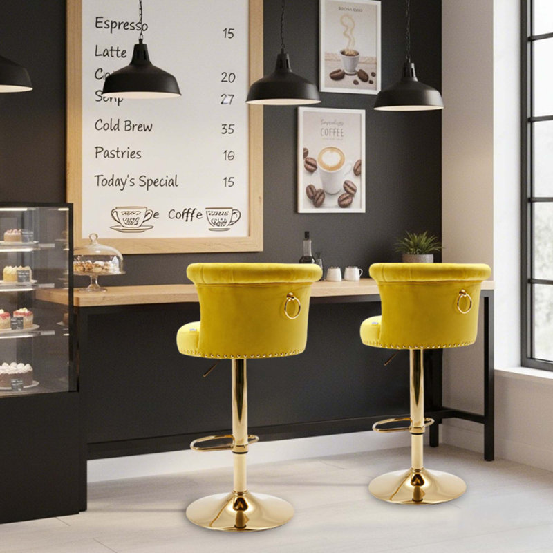 Modern Glam Set of 2 Tufted Velvet 360° Swivel Adjustable-Height Bar Stools with Gold Nailhead Trim for Kitchen Island and Home Bar