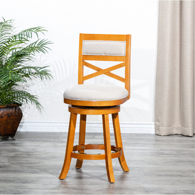 Tabouret de bar de 30 po de hauteur, finition naturelle, siège pivotant en tissu beige captivant et invitant, Beige, Jaune